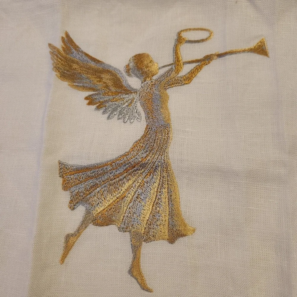 Anali Embroidered Linen Set of 2 Gold Silver Angels Trumpet White